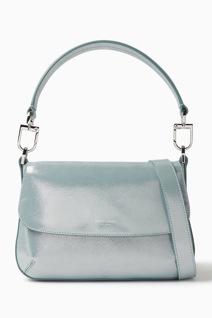 Small La Prima Baguette Shoulder Bag in Metallic Leather, Blue