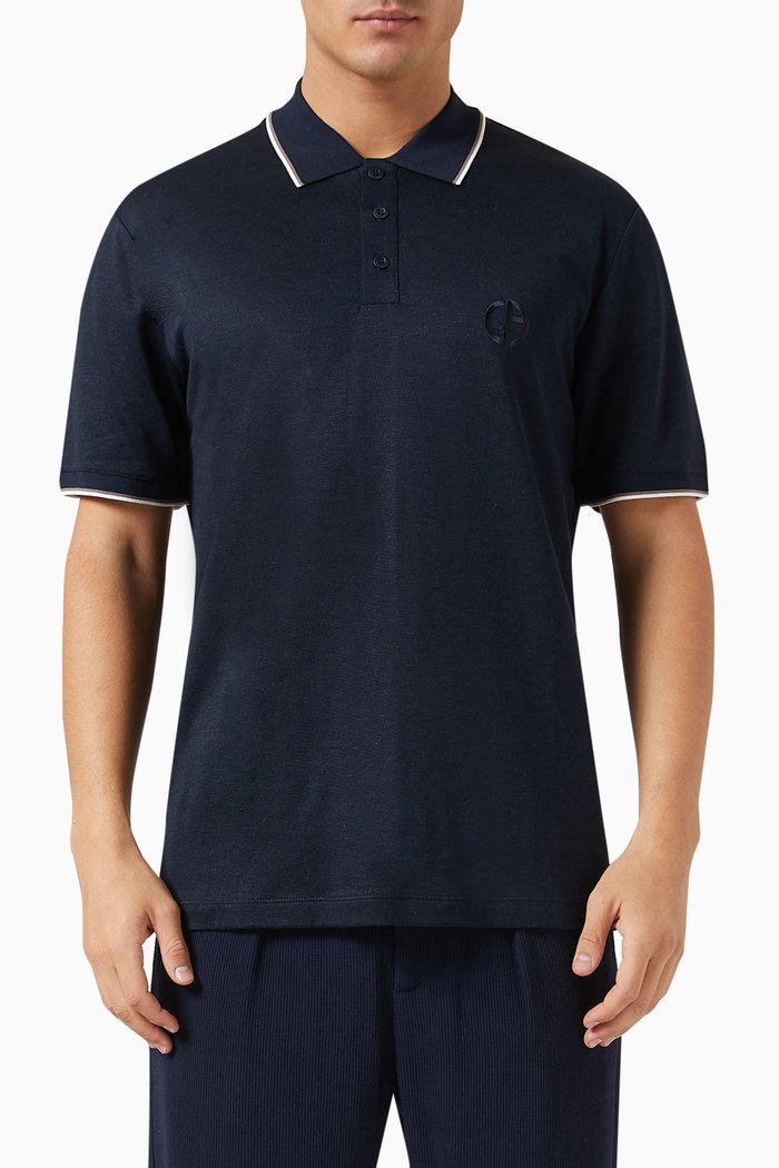 

GA Logo Polo Shirt in Silk & Linen, Blue