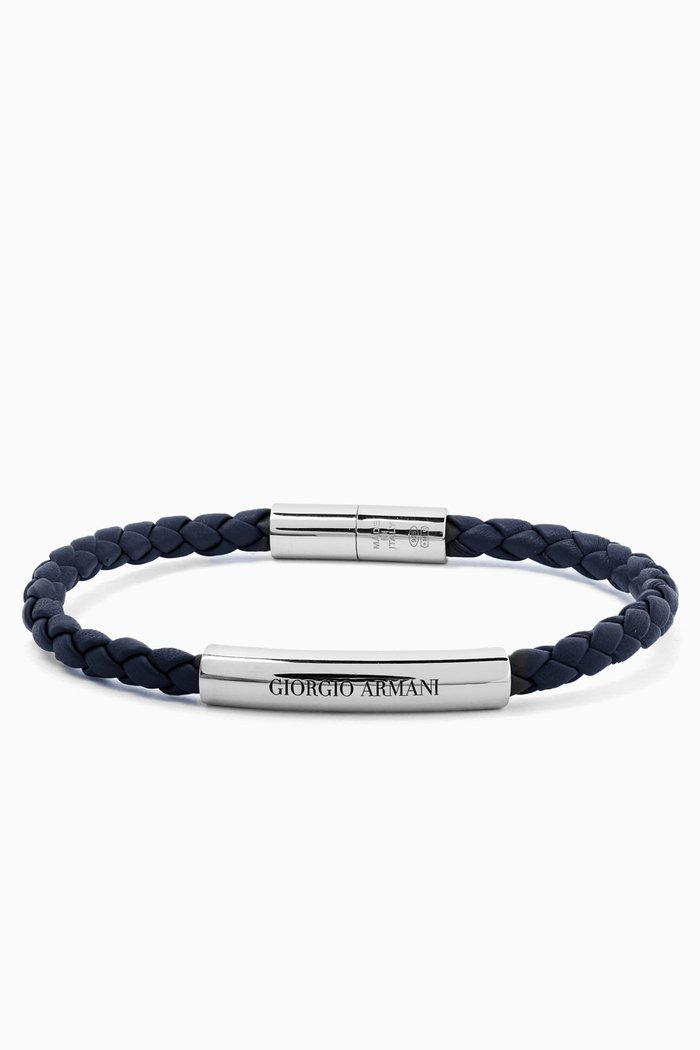 Logo Bracelet in Sterling Silver & Leather, Blue