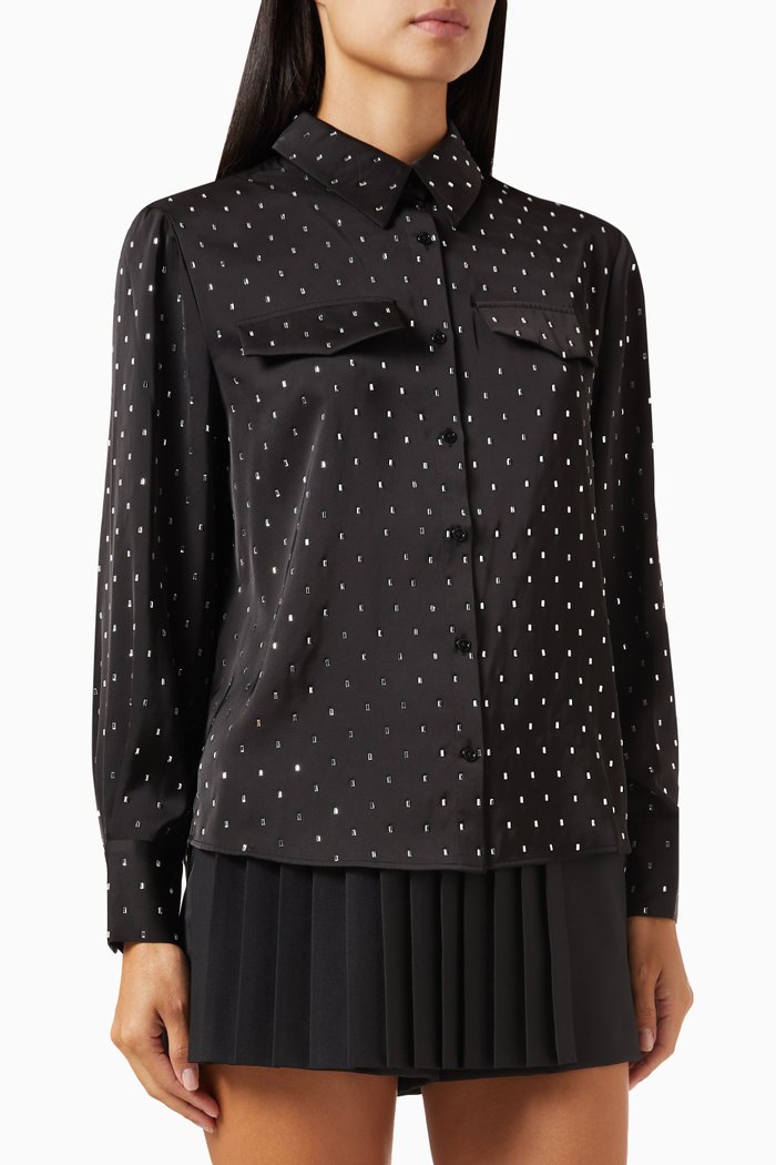 Rhinestones Patch-pocket Shirt in Satin, Black