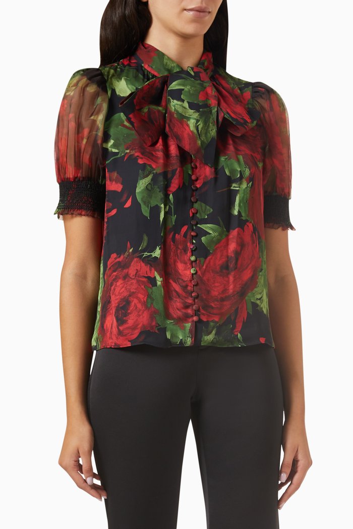 Brentley Tie-neck Puff-sleeved Top, Multicolour