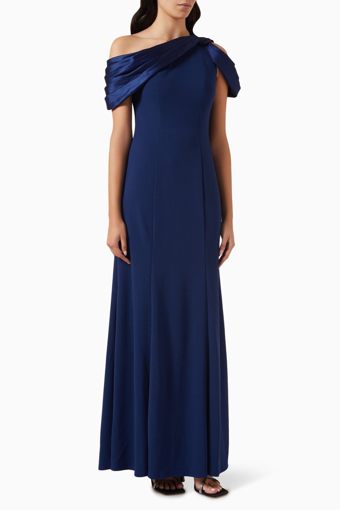 

Carlene Shoulder Drape Dress in Crepe, Blue