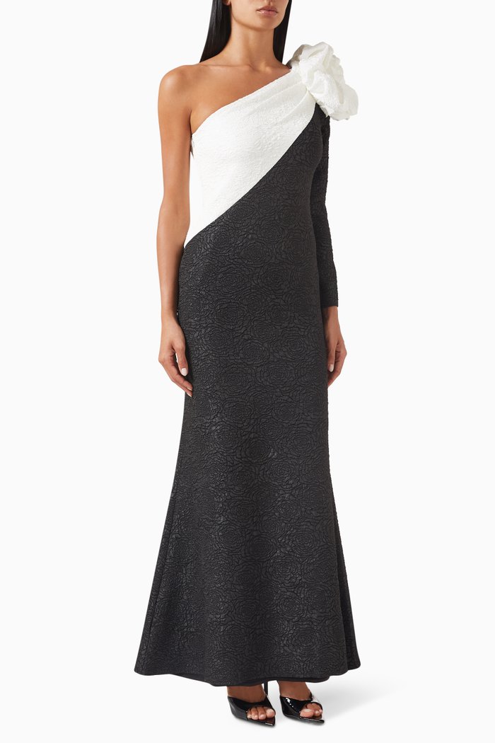 One-shoulder Gown in Rose Jacquard, Black