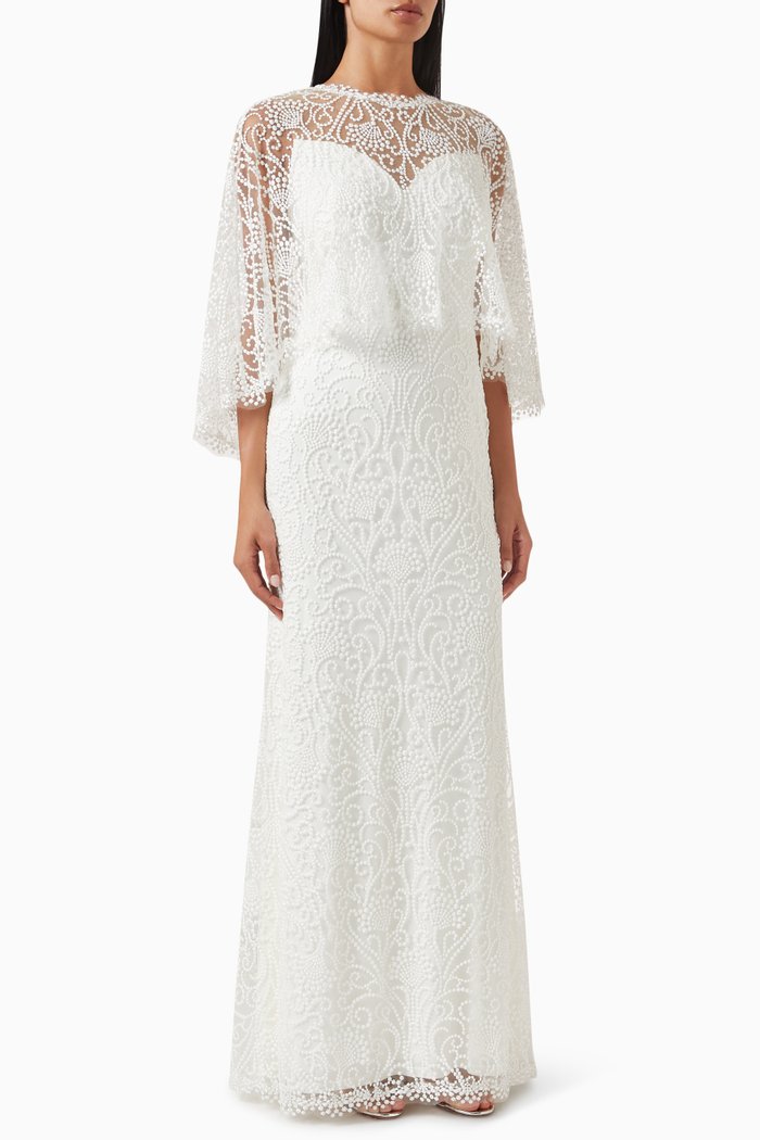 

Cape Sleeve Gown in Lace, Neutral