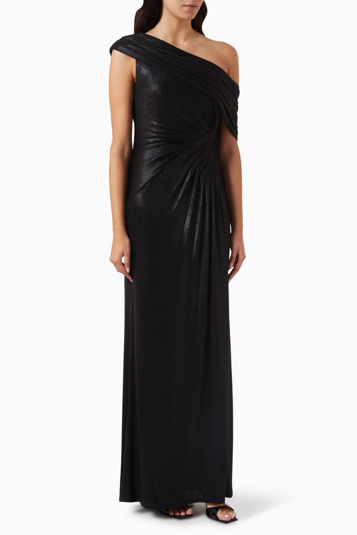 

Leary Draped One-Shoulder Gown in Metallic Jersey, Black