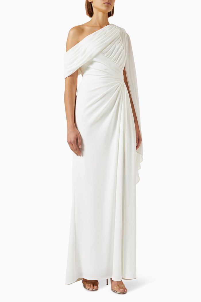 

Quill Draped Cape Sleeve Gown in Crepe & Chiffon, Neutral