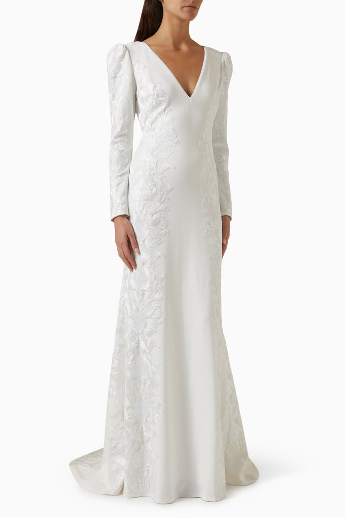 

Irelina Puff Sleeve Embroidered Gown in Crepe, Neutral