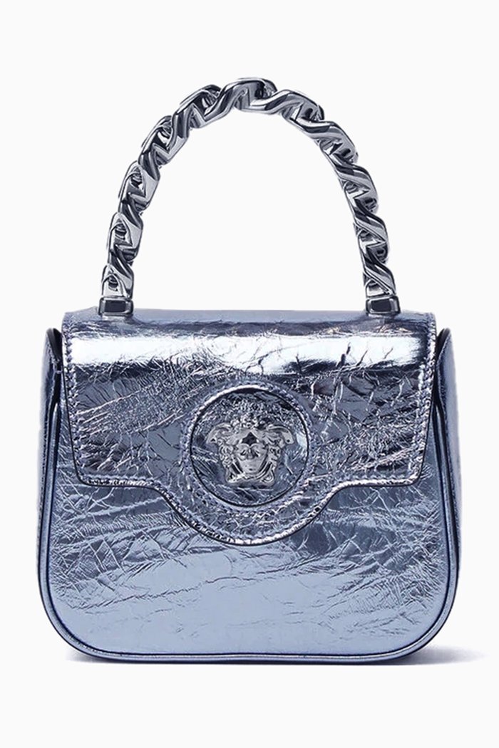 

Mini La Medusa Crossbody Bag in Metallic Leather, Blue