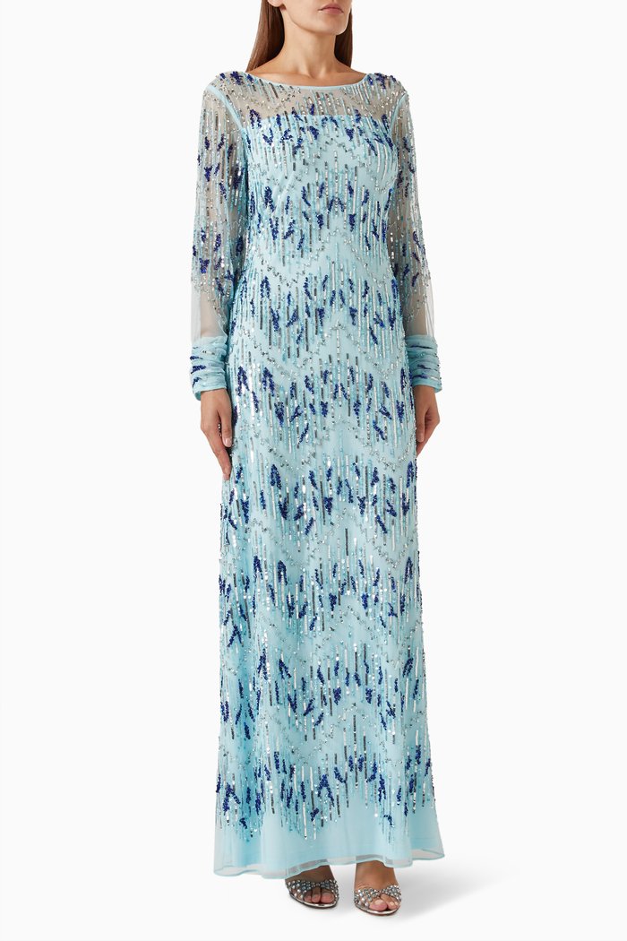 

Beaded Ruched Maxi Gown, Blue