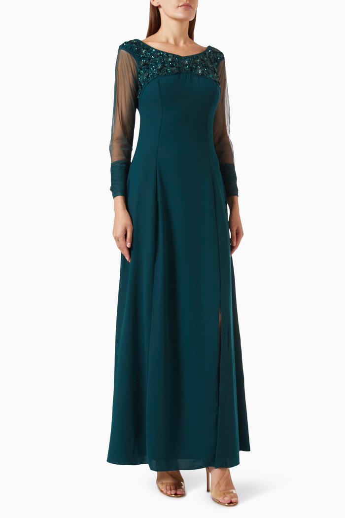 Embroidered Scoop Neckline Maxi Gown, Green