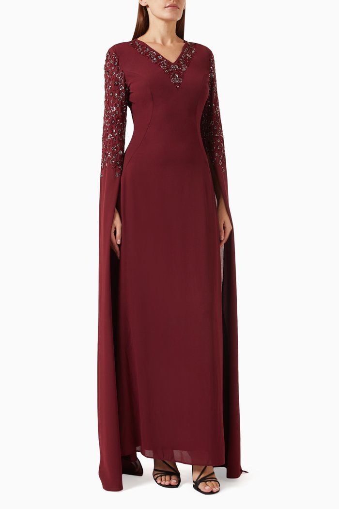

Embroidered Cape Sleeve Maxi Gown, Red