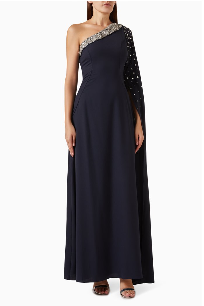

Embroidered One-shoulder Maxi Gown, Blue