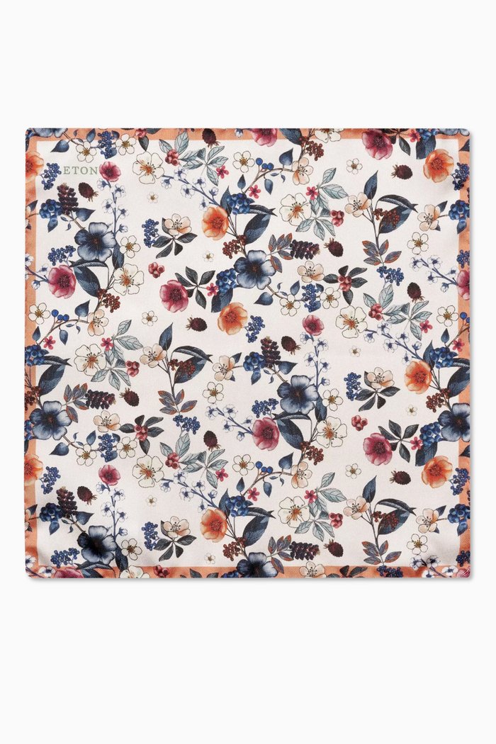 

Floral Print Pocket Square in Silk Twill, White