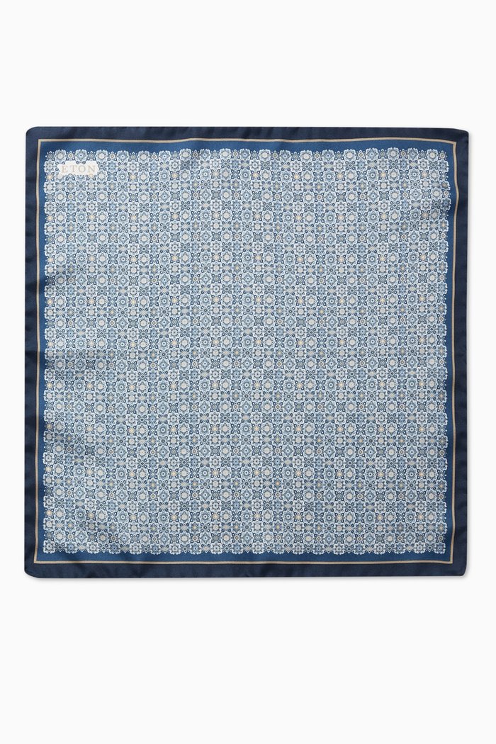 

Medallion Print Pocket Square in Silk Twill, Blue