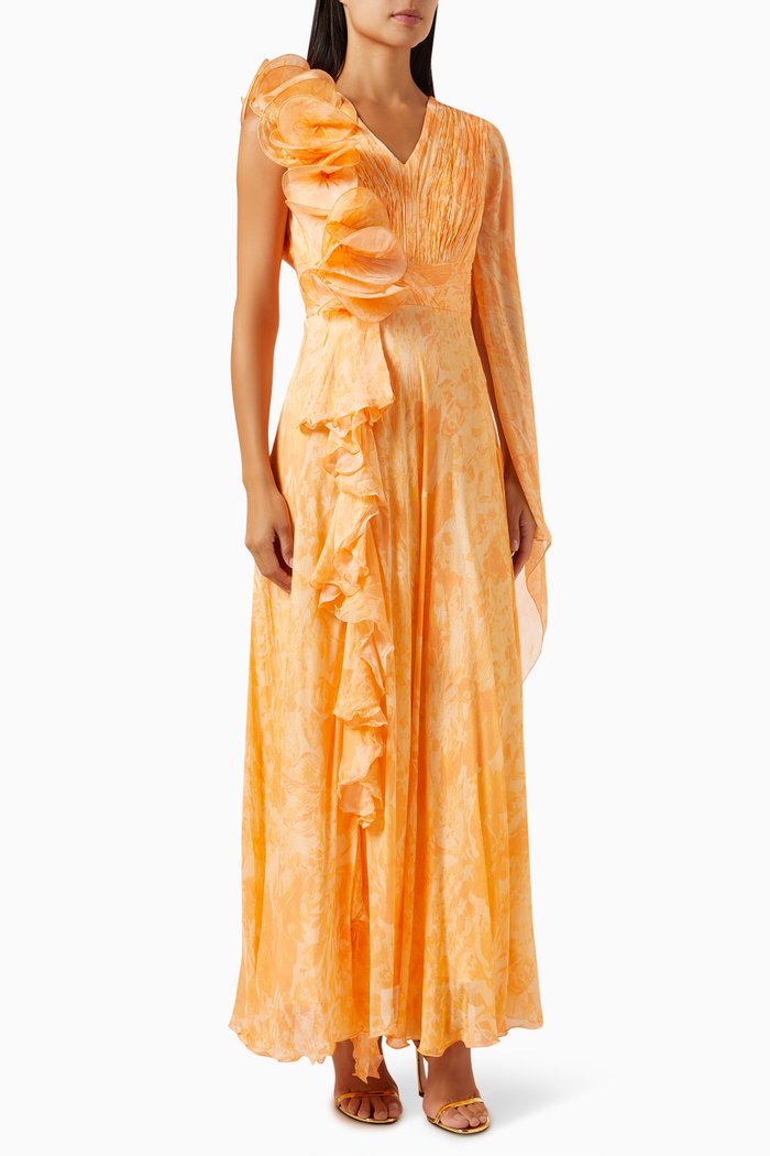 

Asymmetric Pleat Maxi Dress in Chiffon, Orange