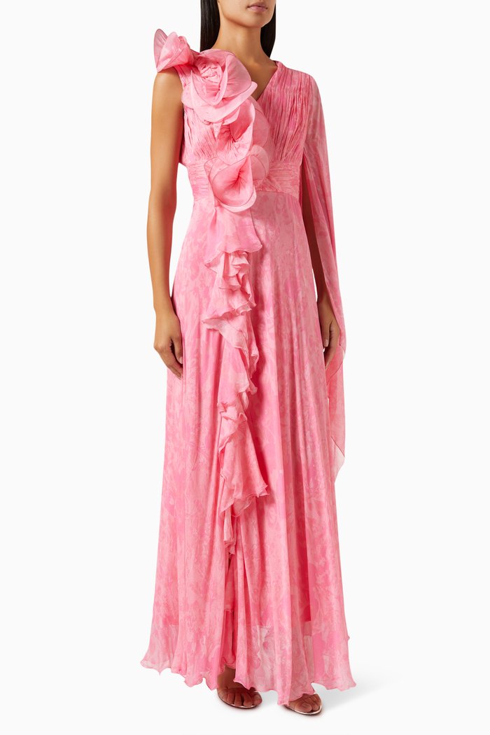 

Asymmetric Pleat Maxi Dress in Chiffon, Pink