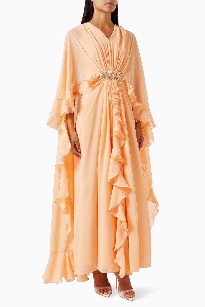 

Pleated Cape Dress in Georgette, Orange