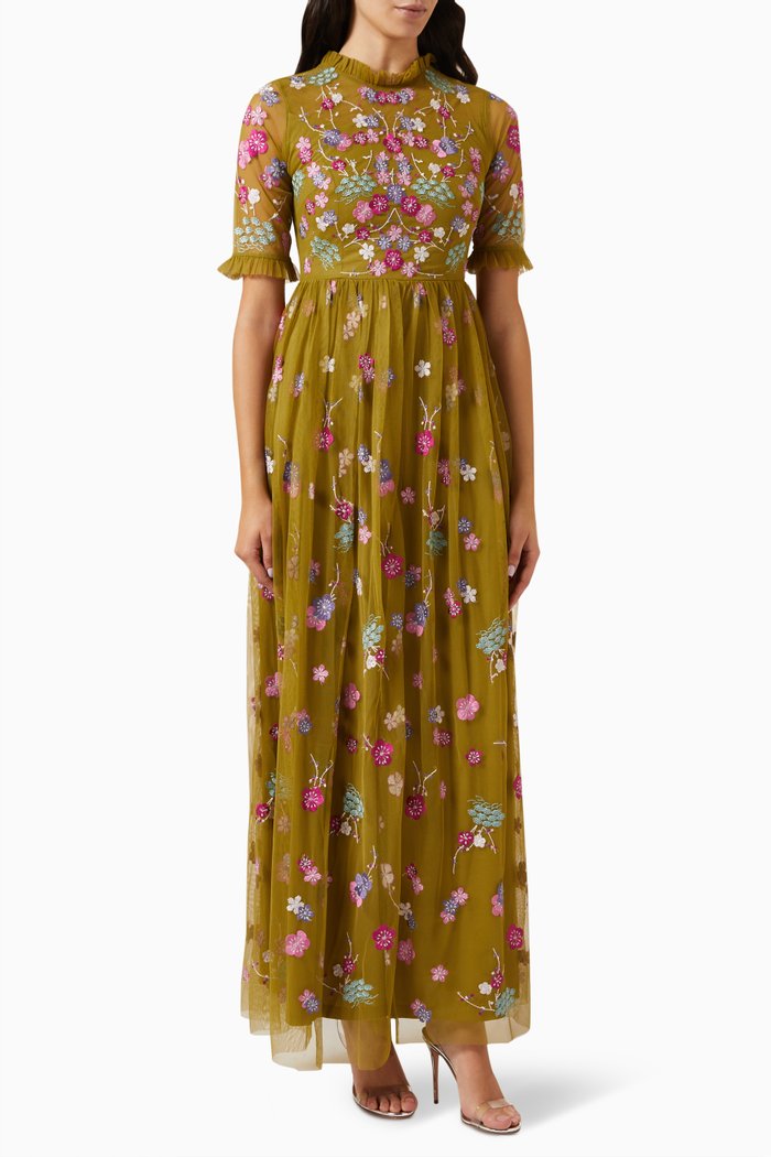 Floral Sequin Embroidered Maxi Dress, Neutral