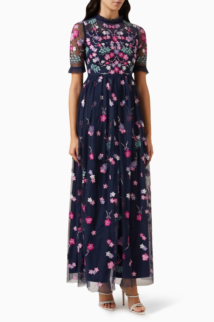 

Floral Sequin Embroidered Maxi Dress, Blue