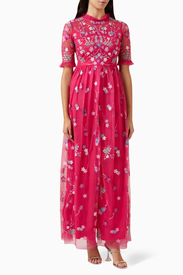 

Floral Sequin Embroidered Maxi Dress, Pink
