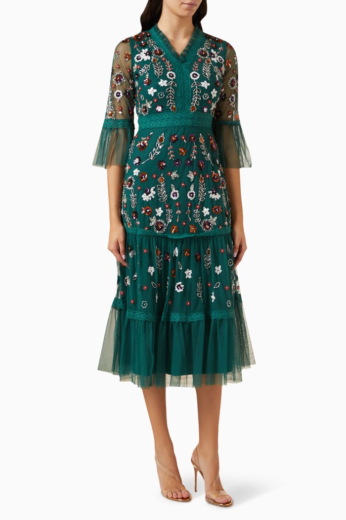 Floral Sequin Embellished Midi Dress, Green