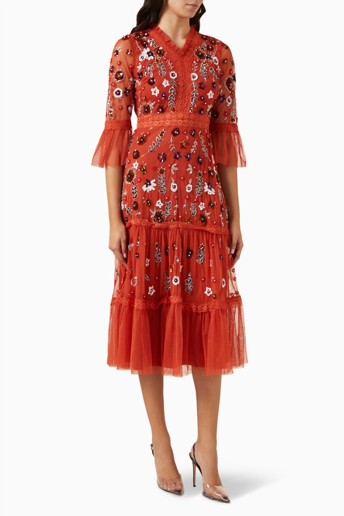 

Floral Sequin Embellished Midi Dress, Orange