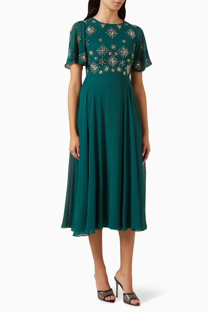 

Sequin Embellished Bodice Midi Dress, Green