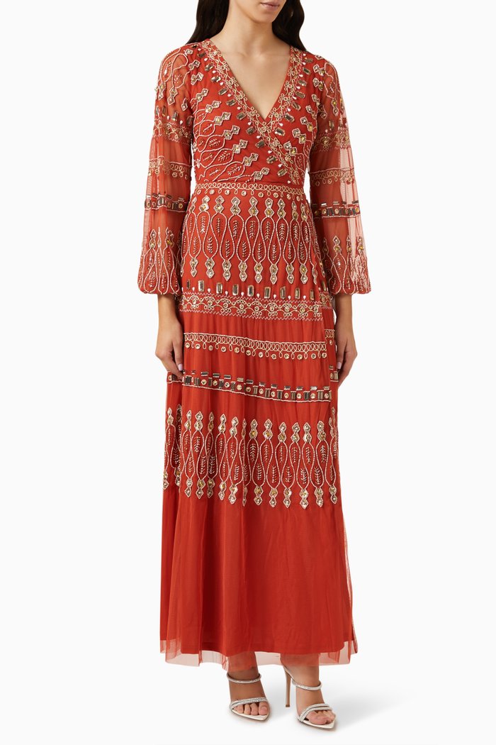 

Sequin Embellished Wrap-Around Dress, Brown