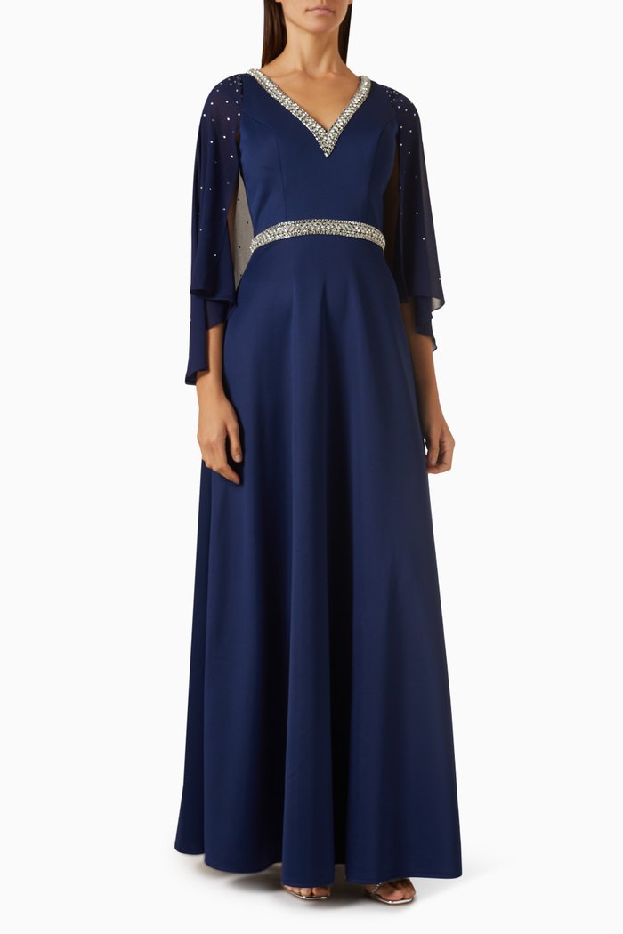 

Crystal V-neck Cape-sleeve Gown, Blue