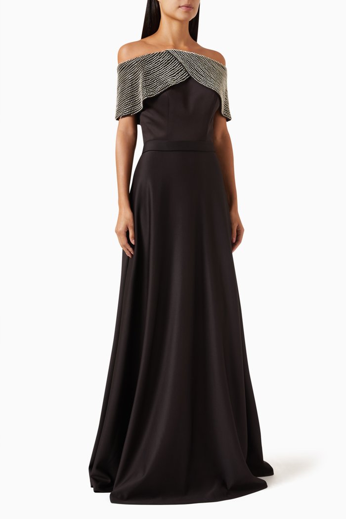 

Beaded Off-shoulder Gown, Black
