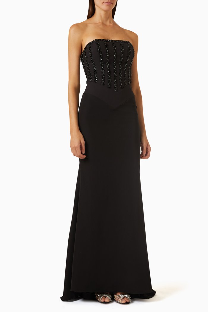 

Embellished Strapless Bustier Gown, Black