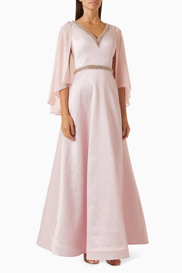 

Crystal V-neck Cape-sleeve Gown, Pink