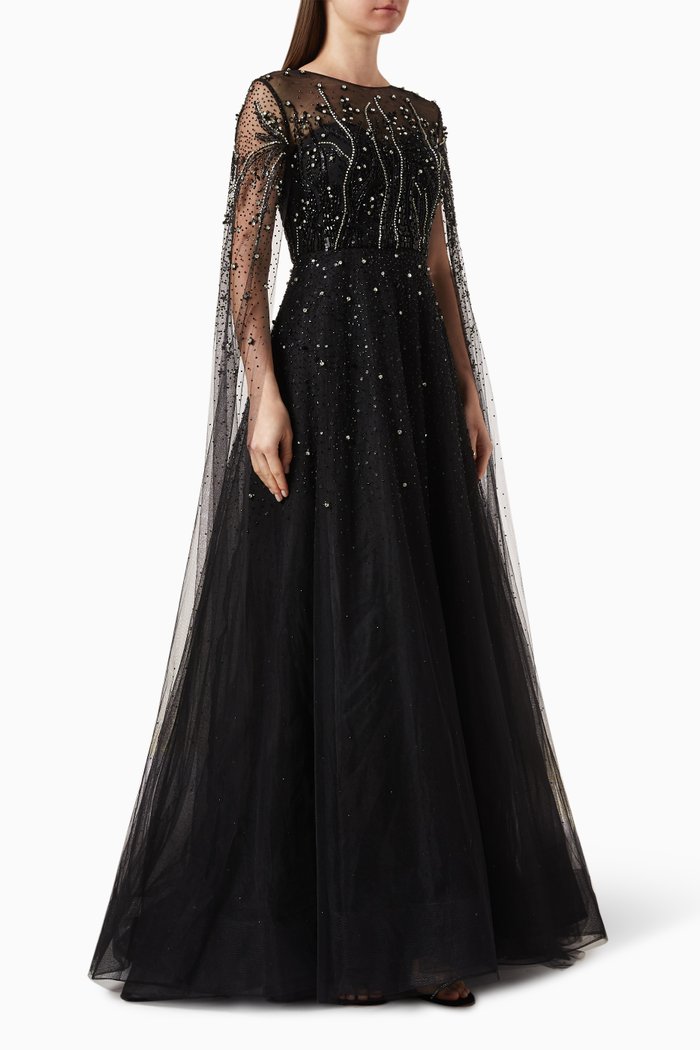 

Embellished Cape-sleeve Gown in Tulle, Black