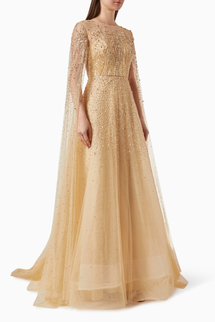 

Embellished Cape-sleeve Gown in Tulle, Gold