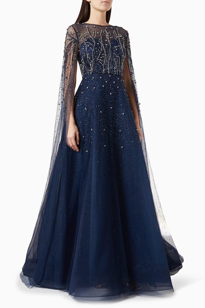 

Embellished Cape-sleeve Gown in Tulle, Blue