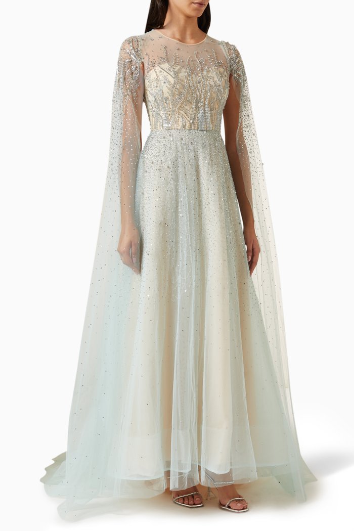 

Embellished Cape-sleeve Gown in Tulle, Blue