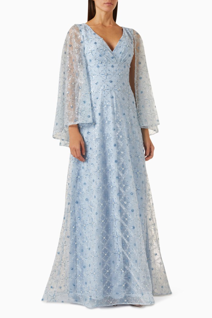 

Crystal-embellished V-neck Cape-sleeve Gown, Blue