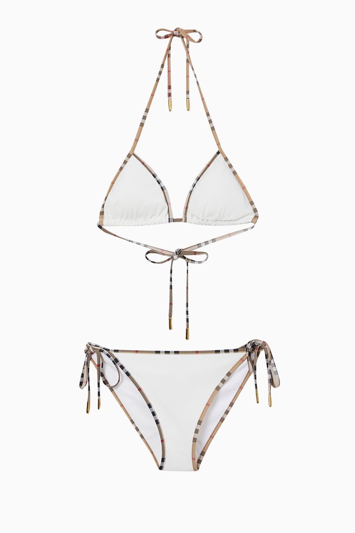

Check Trim Triangle Bikini Set in Stretch-nylon, White