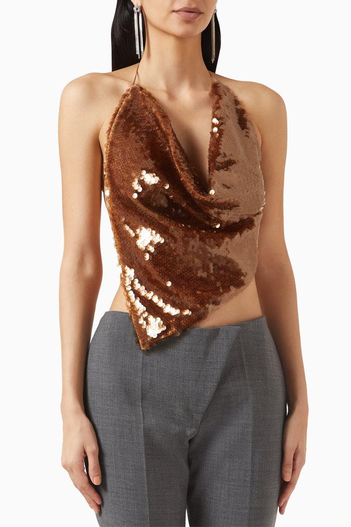 

Sequin Cowl-neck Top in Stretch-mesh, Brown