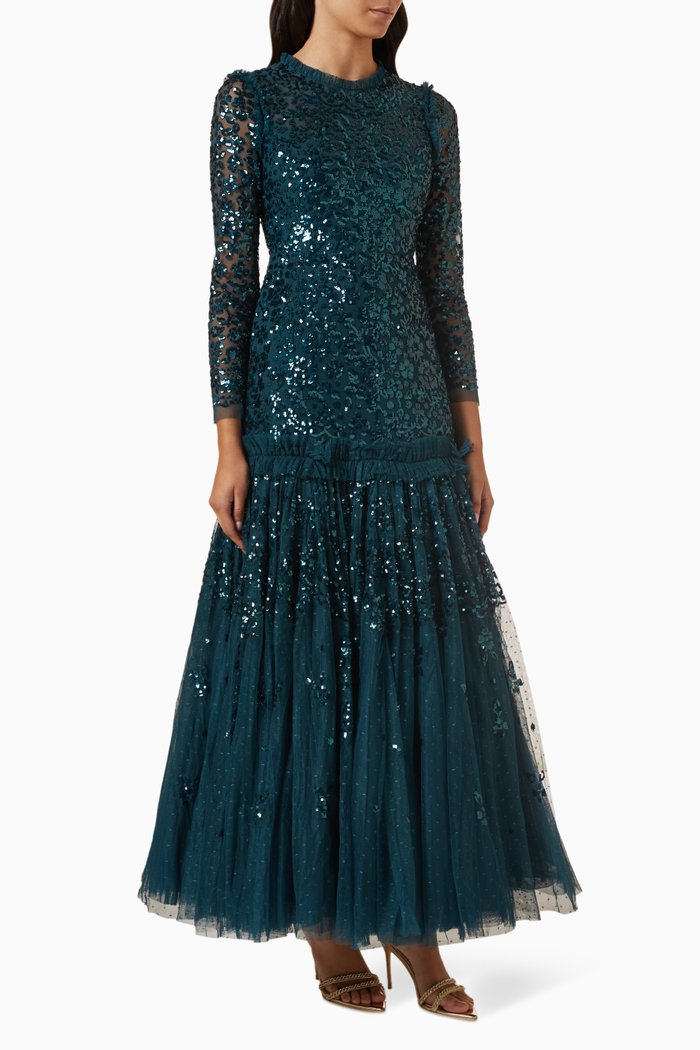 

Regal Rose Long-sleeve Gown in Tulle, Green