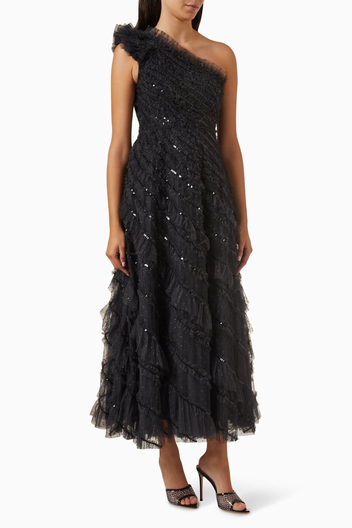 

Spiral Sequin One-shoulder Ankle Gown in Tulle, Black
