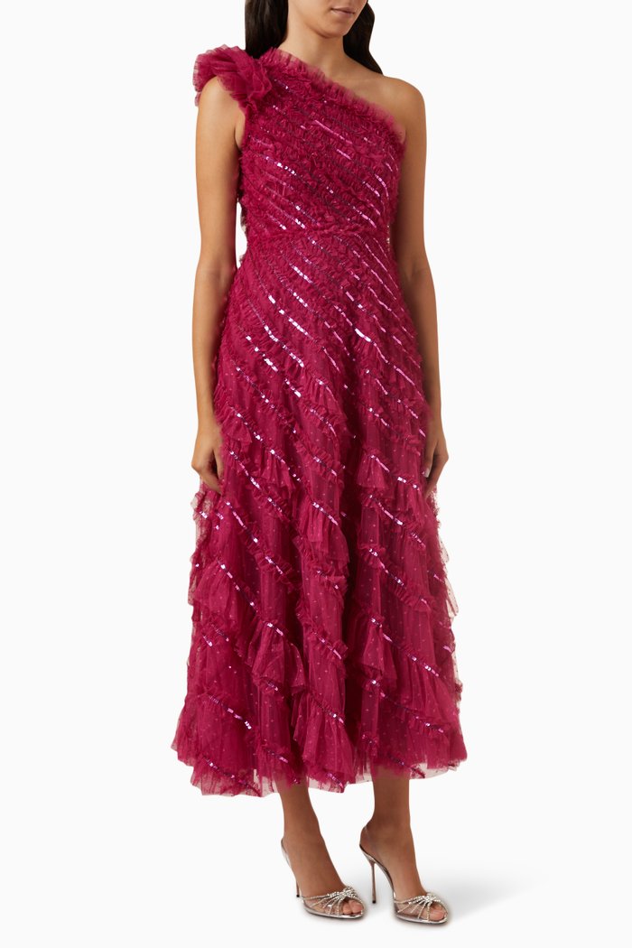 

Spiral Sequin One-shoulder Ankle Gown in Tulle, Pink
