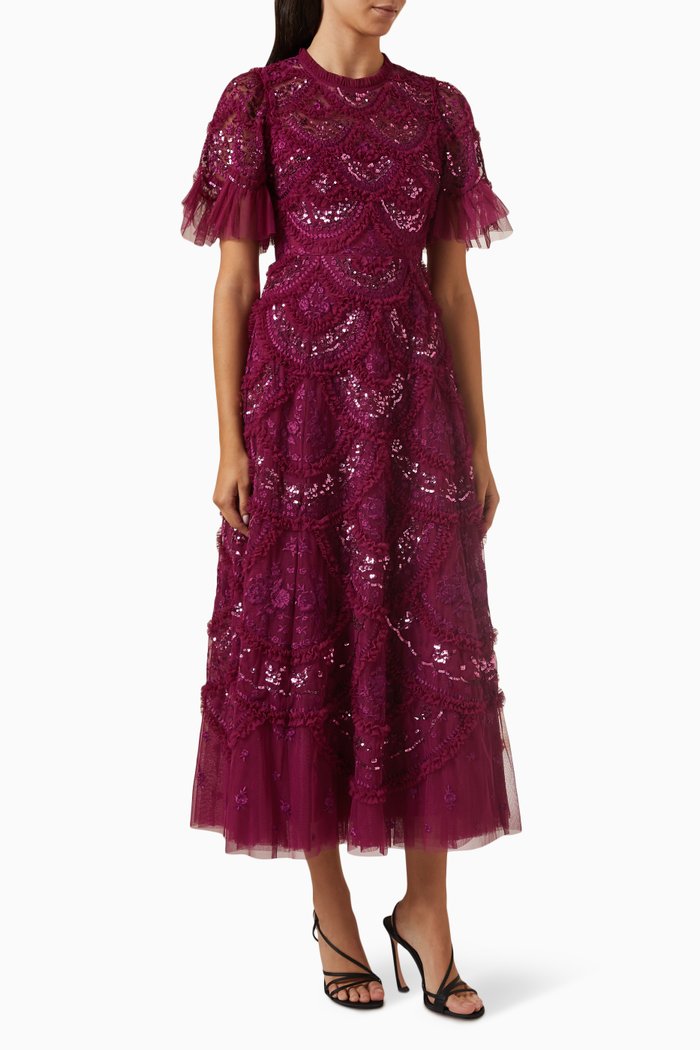 

Carmen Ruffle Ankle Gown in Tulle, Purple