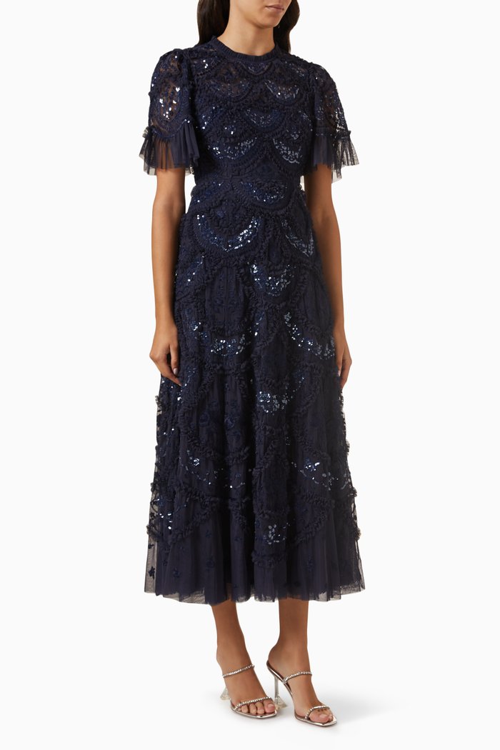 

Carmen Ruffle Ankle Gown in Tulle, Blue