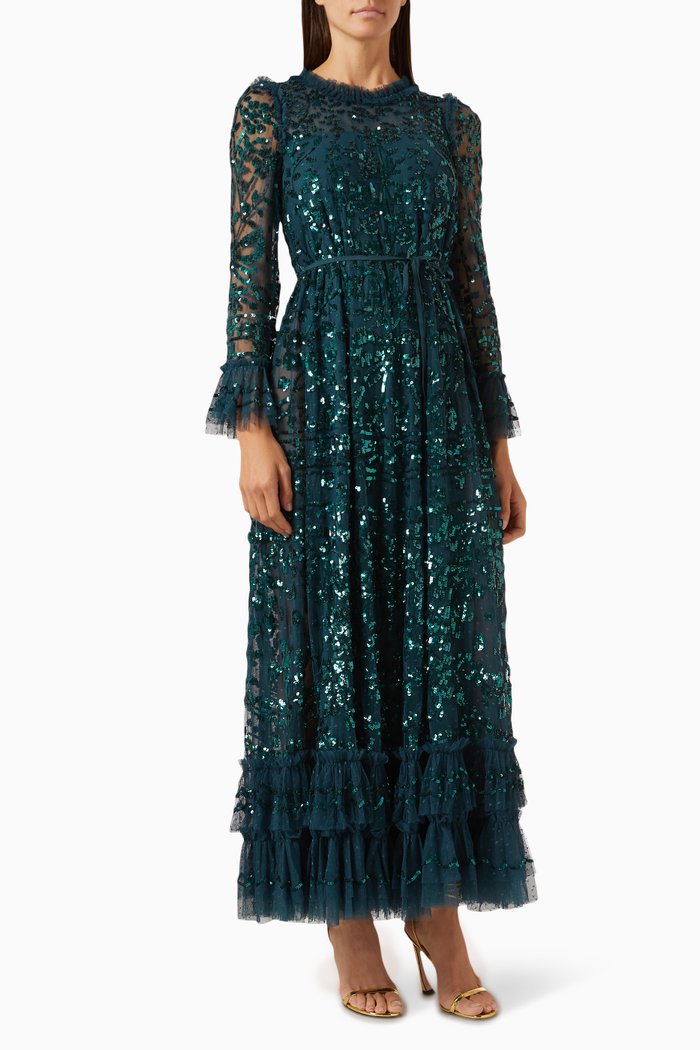 

Celia Long-sleeve Ankle Gown in Tulle, Green
