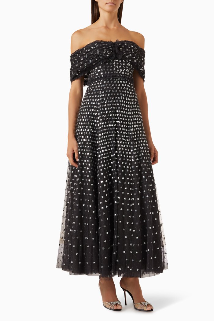 

Grace Off-the-shoulders Gloss Sequin Gown in Recycled Tulle, Black