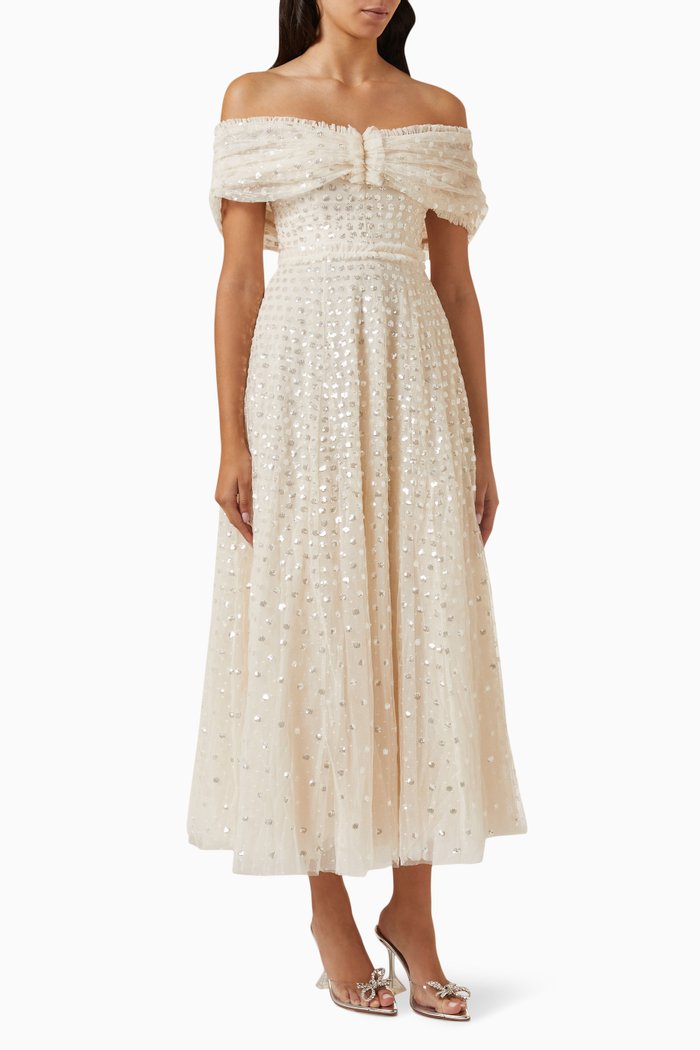 

Grace Off-the-shoulders Gloss Sequin Gown in Recycled Tulle, Neutral