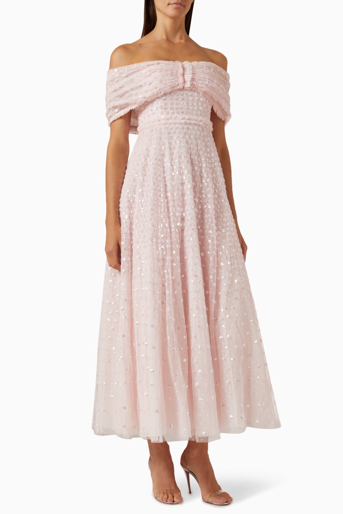 

Grace Off-the-shoulders Gloss Sequin Gown in Recycled Tulle, Pink