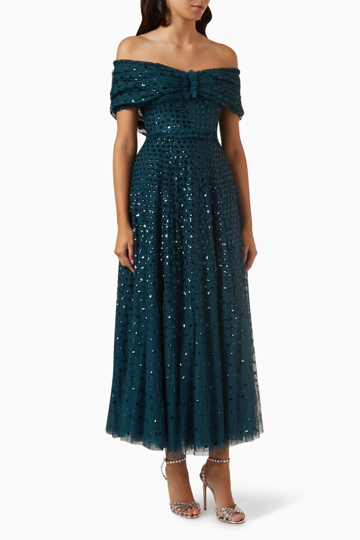 

Grace off-Shoulder Ankle Gown in Tulle, Green