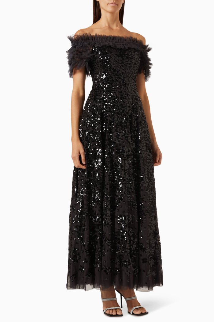 

Sequin Wreath Off-the-shoulders Gown in Recycled Tulle, Black